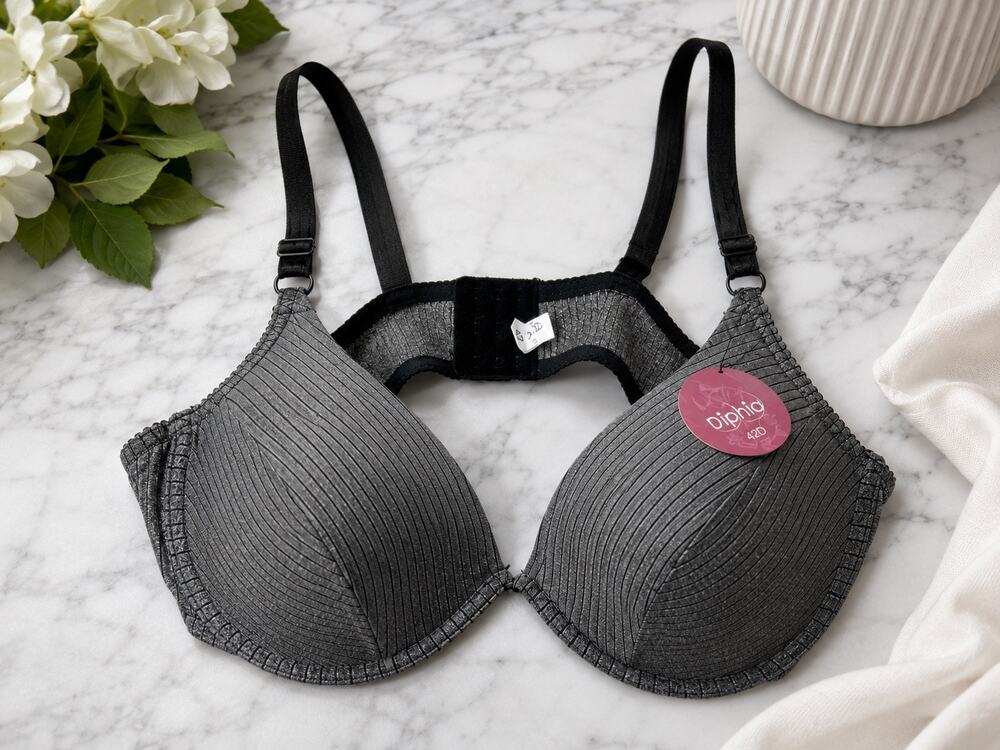 Diphia Gray Striped Underwire Bra 42D Lightly Padded 3/4 Coverage New